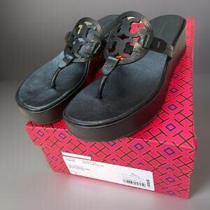 Tory Burch *Perfect Black* Miller Leather Wedge 25mm Sandals Size 9